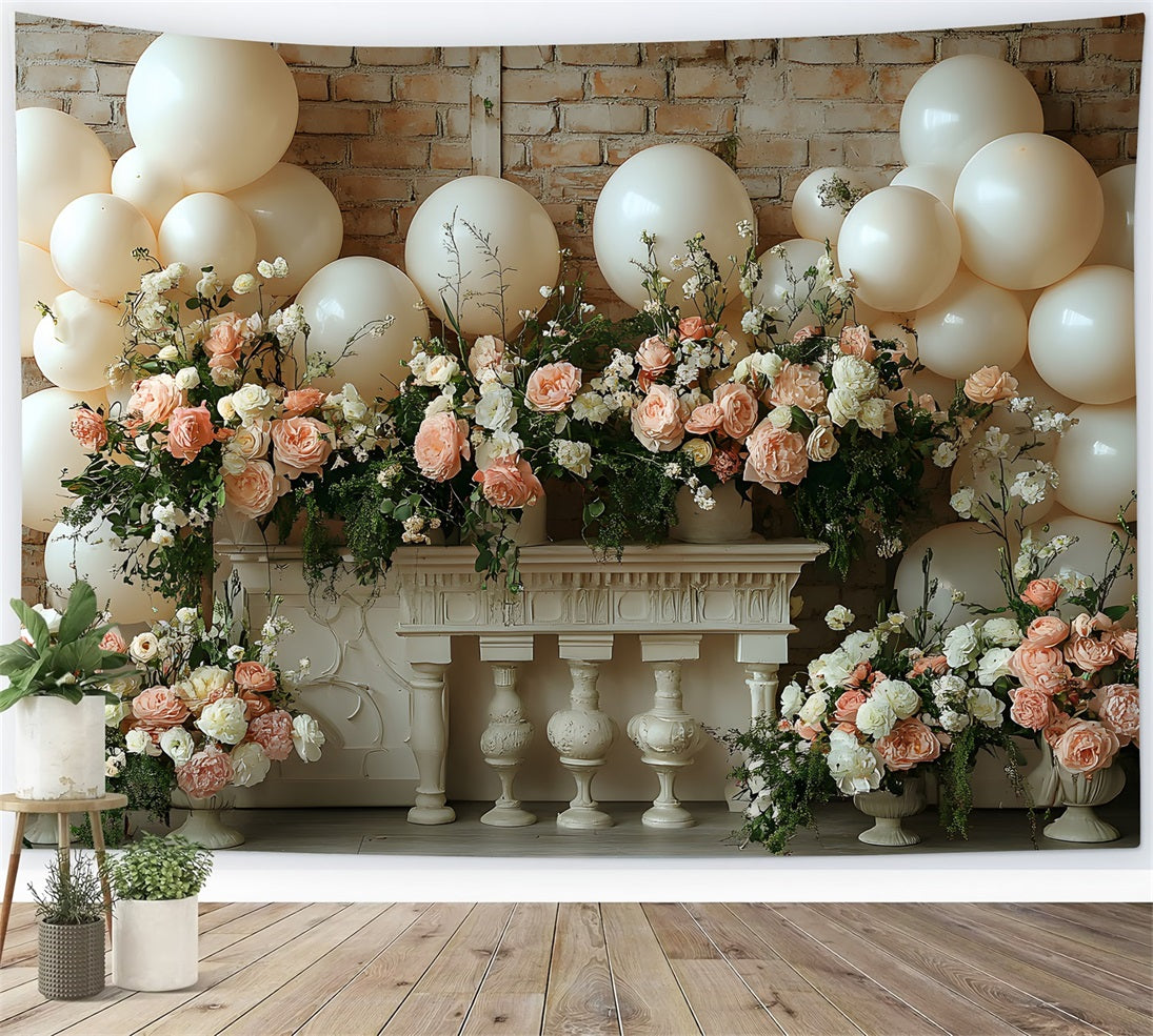 Brick Wall Boho Balloon Floral Backdrop UK RR8-469