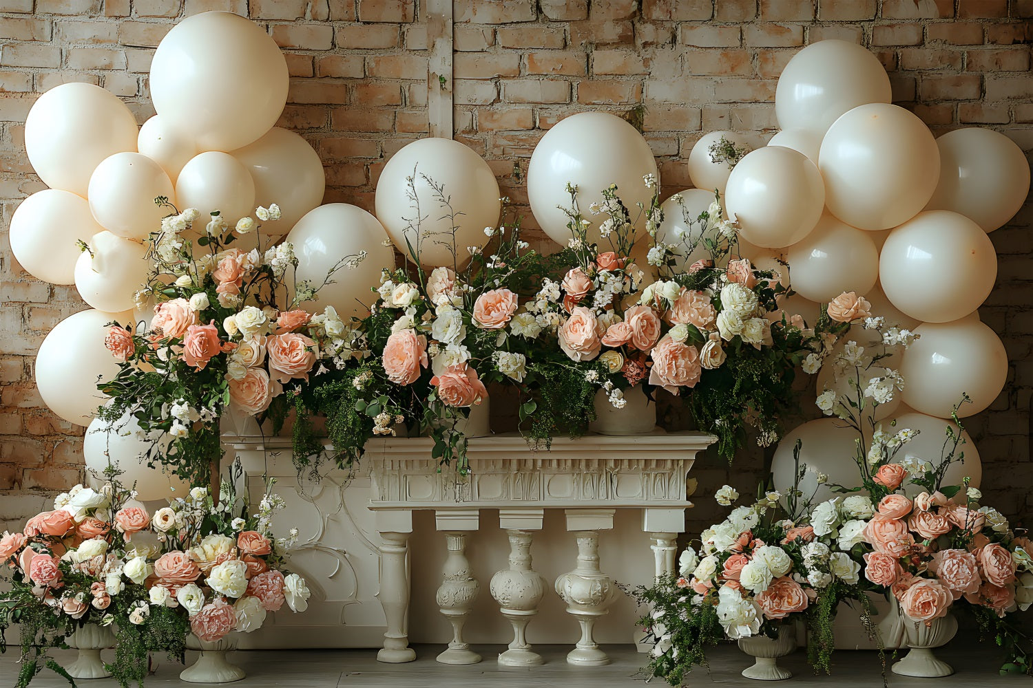 Brick Wall Boho Balloon Floral Backdrop UK RR8-469