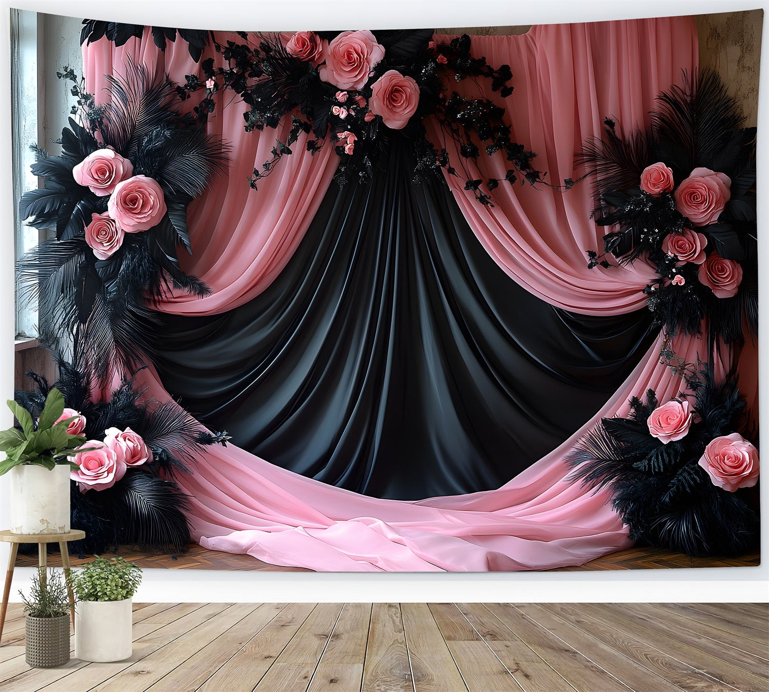 Black Blush Pink Curtain Boho Backdrop UK RR8-473