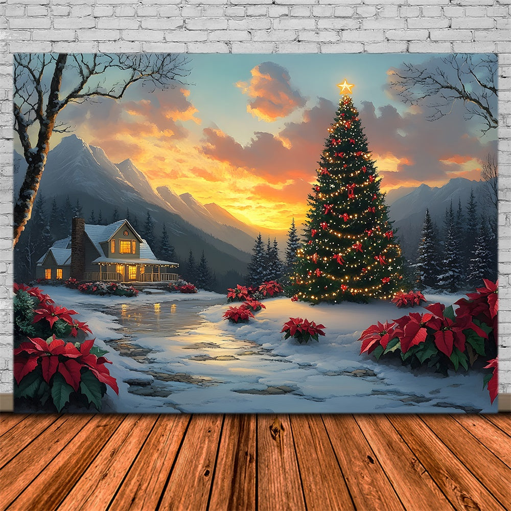 Christmas Tree Village Cottage Sunset Backdrop UK RR8-52