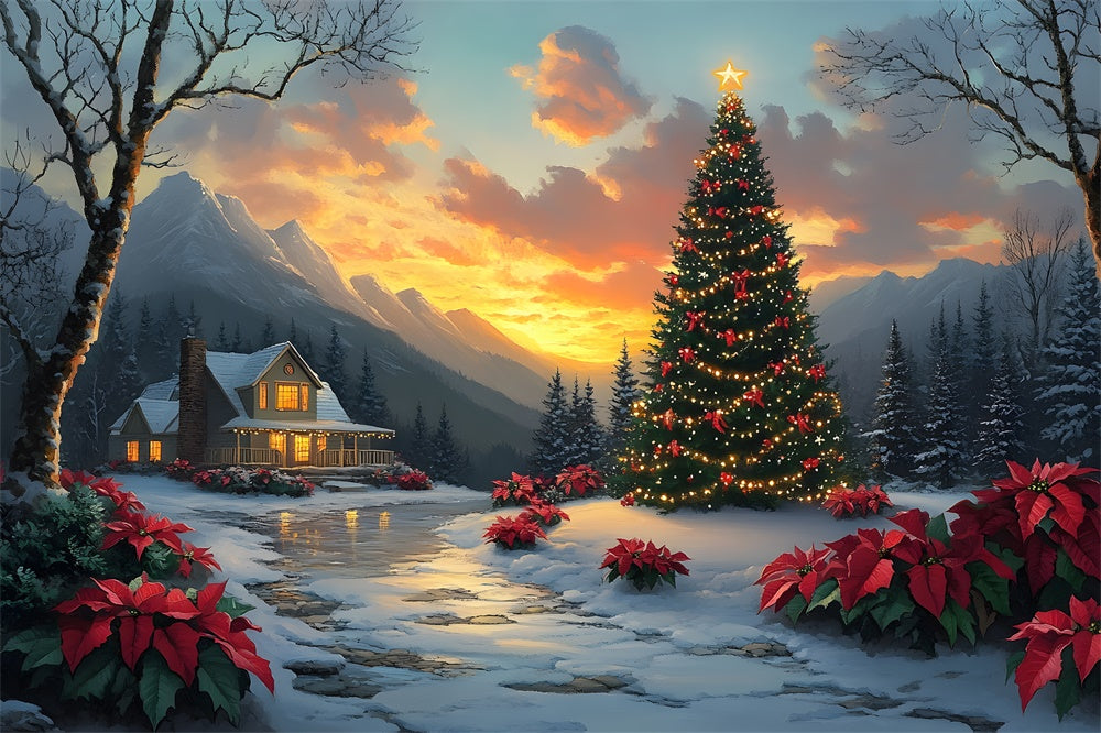 Christmas Tree Village Cottage Sunset Backdrop UK RR8-52