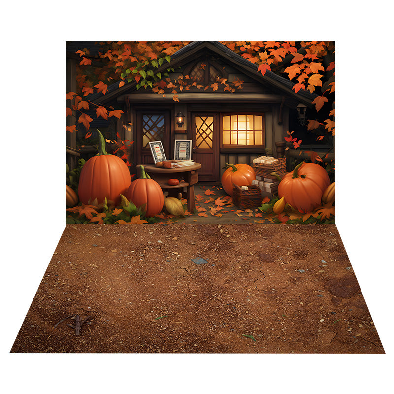 Autumn Wood House Pumpkin Backdrop+Dirt Floor Backdrop UK RR8-523