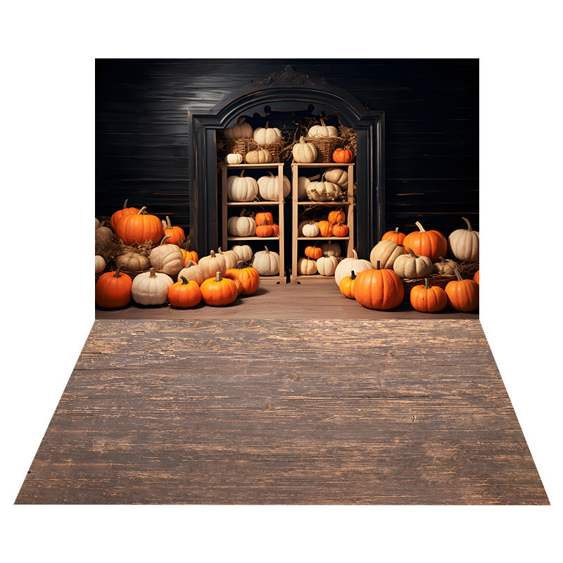 Autumn Pumpkins Retro Wall Backdrop+Wood Floor Backdrop UK RR8-539