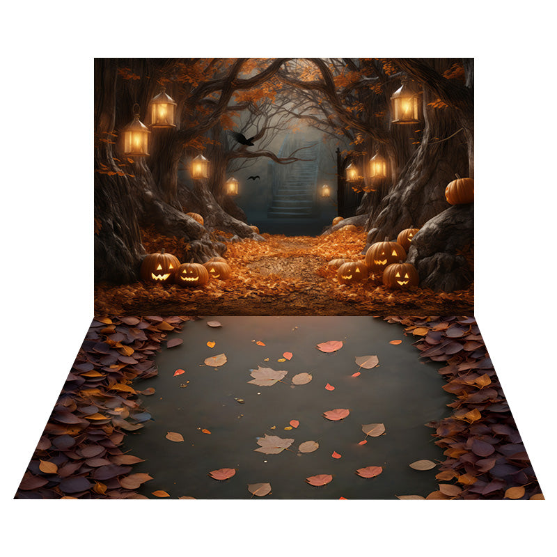 Halloween Pumpkin Lanterns Backdrop+ Fallen Leaves Floor Backdrop UK RR8-542