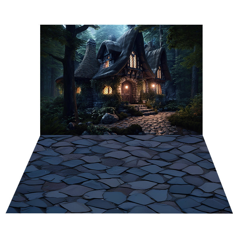 Halloween Witch House Backdrop+Stone Trail Floor Backdrop UK RR8-543