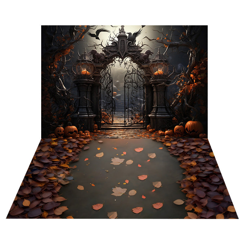 Halloween Cemetery Gate Backdrop+Maple Leaves Floor Backdrop UK RR8-545