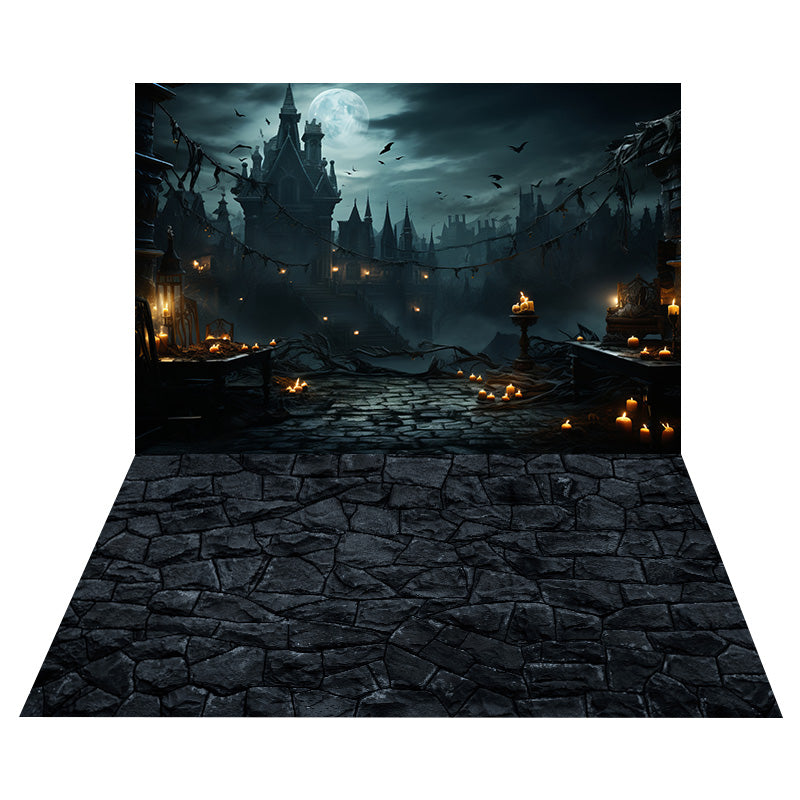 Halloween Spooky Castle Backdrop+Black Stone Floor Backdrop UK RR8-546