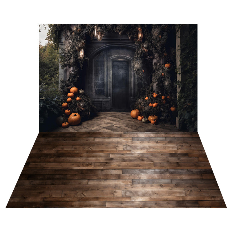 Halloween Forest House Backdrop+Retro Wood Floor Backdrop UK RR8-553