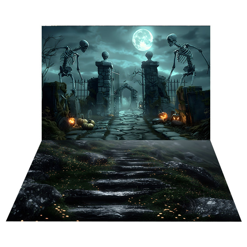 Halloween Moon Graveyard Backdrop+Stone Stairs Floor Backdrop UK RR8-554