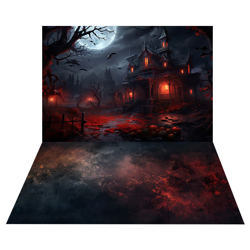 Halloween Red Light House Backdrop+Mottled Cement Floor Backdrop UK RR8-555