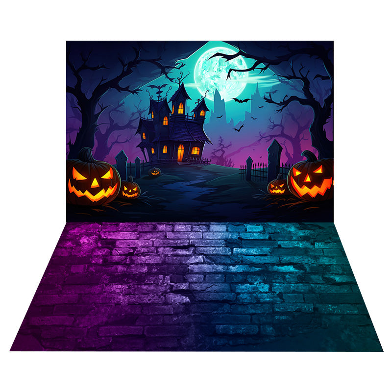 Halloween Evil Pumpkin Backdrop+Colored Stones Floor Backdrop UK RR8-557