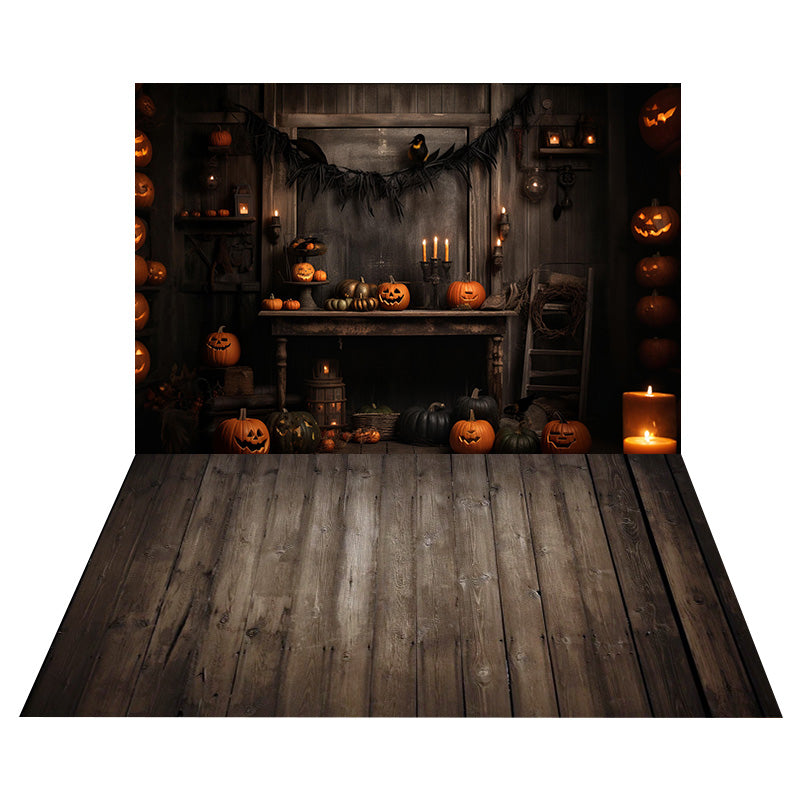 Halloween Pumpkin Candle Wall Backdrop+Brown Wood Floor Backdrop UK RR8-559