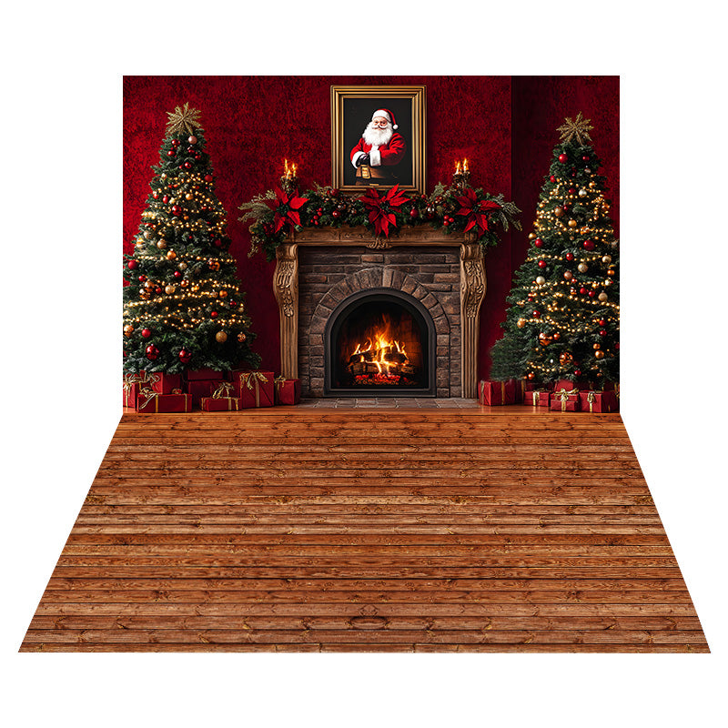 Christmas Tree Fireplace Backdrop+Classic Wood Floor Backdrop UK RR8-563