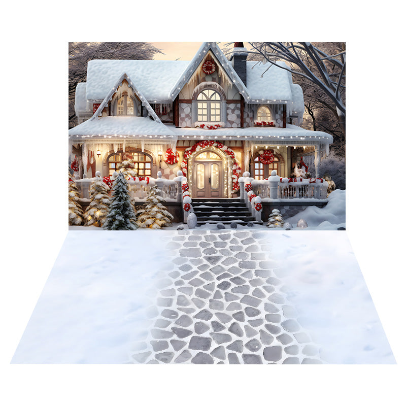 Christmas Decorated House Backdrop+Snowy Stone Floor Backdrop UK RR8-566