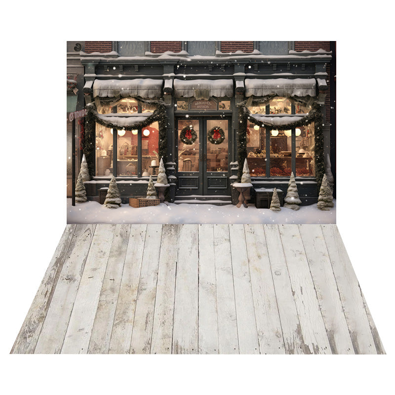 Christmas Snowy Store Backdrop+Retro Wood Floor Backdrop UK RR8-567