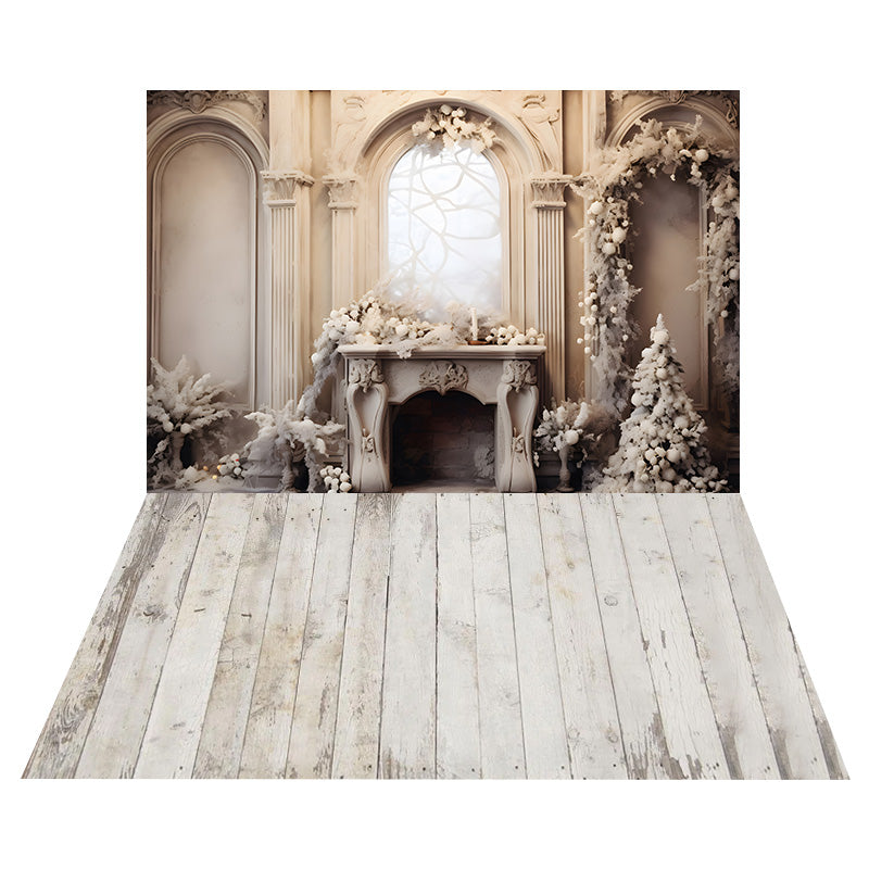 Christmas Fireplace Retro Wall Backdrop+Wood Floor Backdrop UK RR8-568