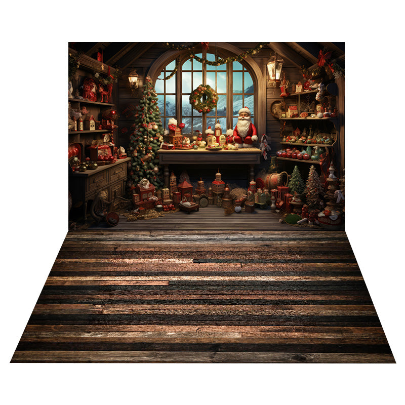 Christmas Santa Claus Room Backdrop+Vintage Wood Floor Backdrop UK RR8-569