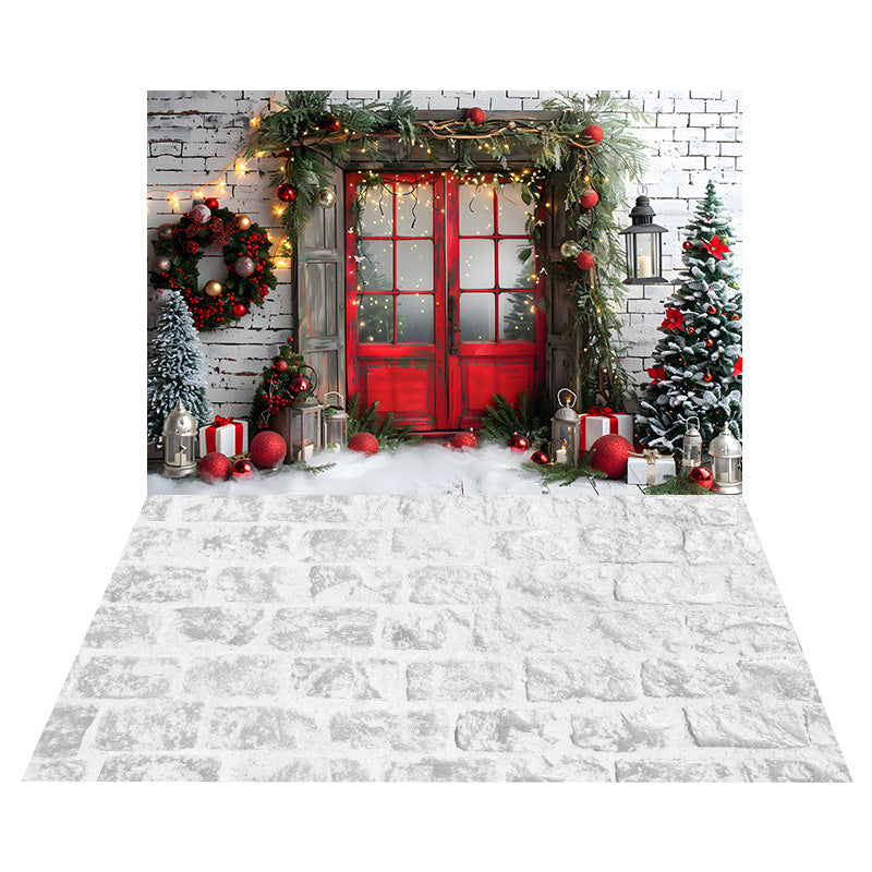 Christmas Door Brick Wall Backdrop+Snow Stone Floor Backdrop UK RR8-570