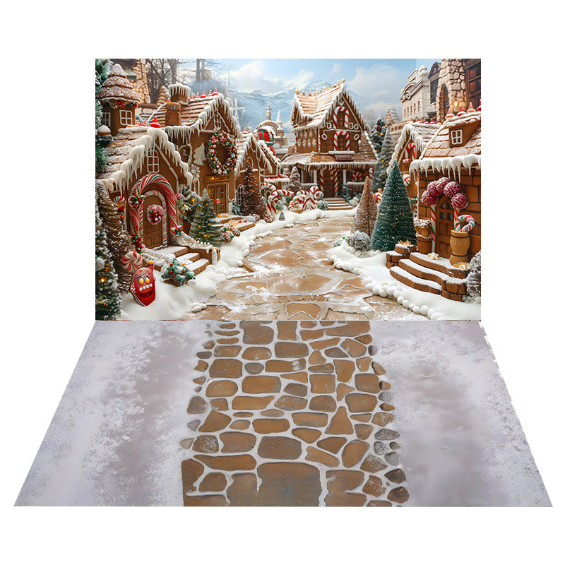 Christmas Gingerbread House Street Backdrop+Stone Floor Backdrop UK RR8-573