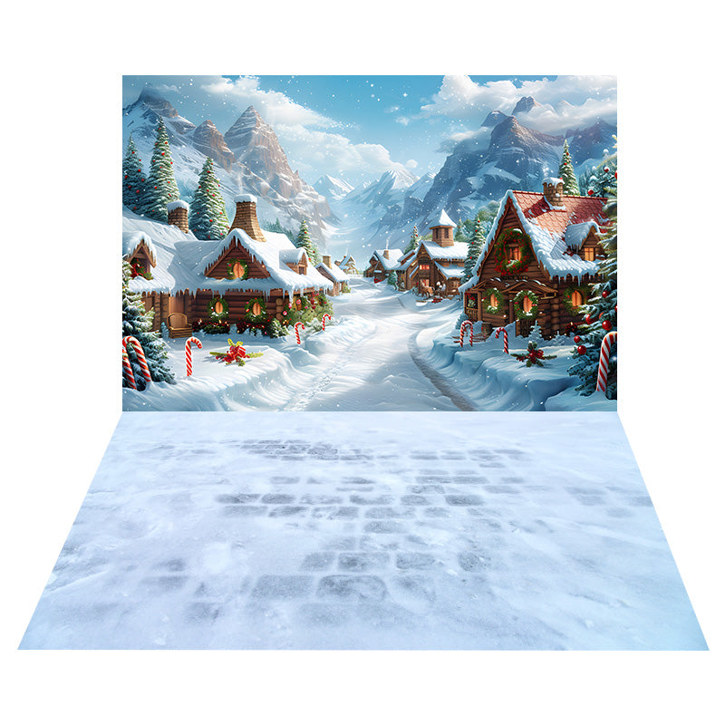 Christmas Village Houses Backdrop+Snow Stone Trail Floor Backdrop UK RR8-576