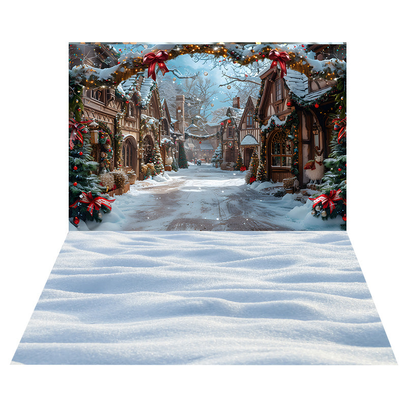 Christmas Winter Street House Backdrop+White Snow Floor Backdrop UK RR8-578