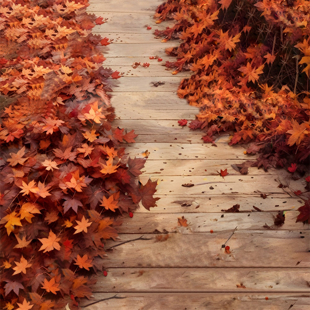 Red Maple Leaves on Wood Floor Backdrop UK RR8-587