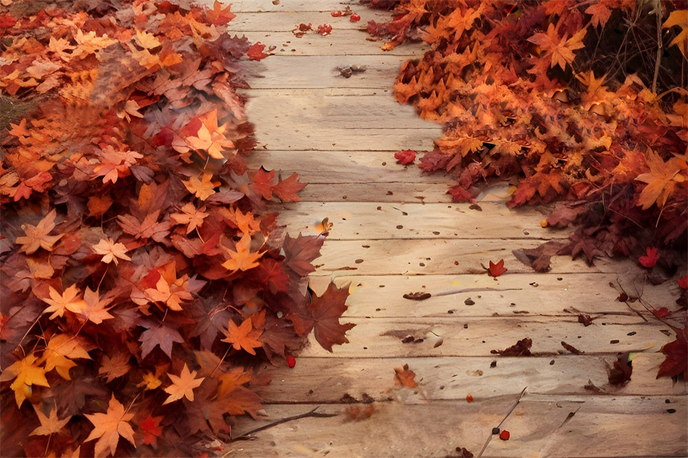 Red Maple Leaves on Wood Floor Backdrop UK RR8-587