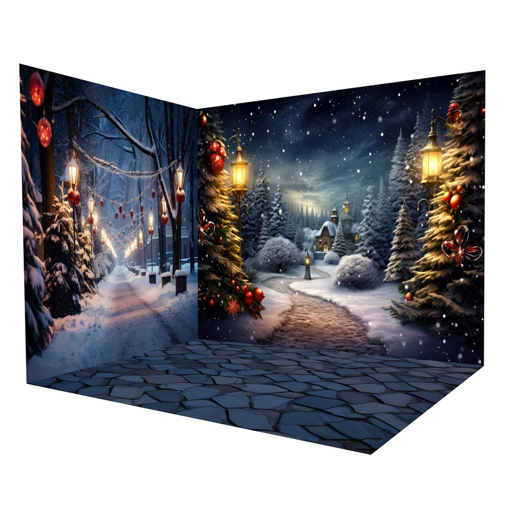 Christmas Snow Covered Trees Street Backdrop Room Set UK RR8-618