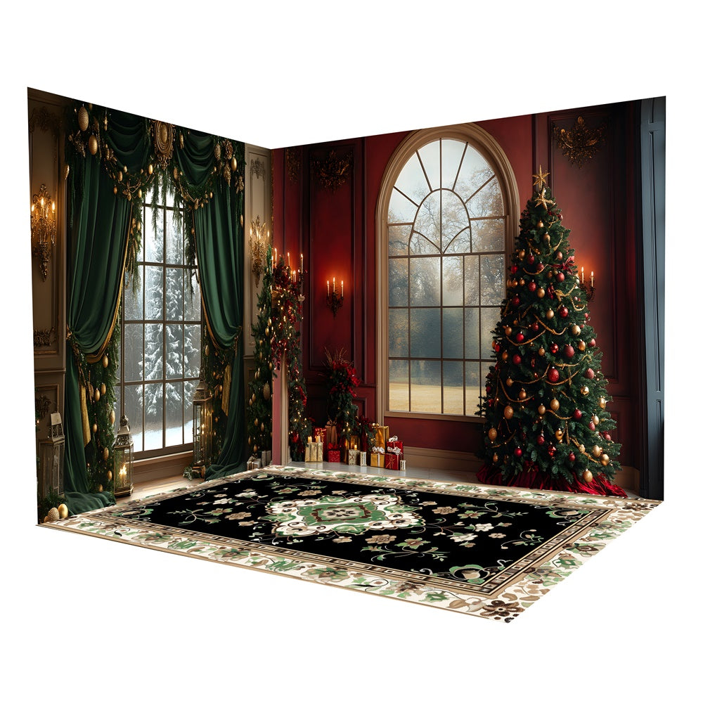 Christmas Tree Garland Window Curtain Backdrop Room Set UK R8-625