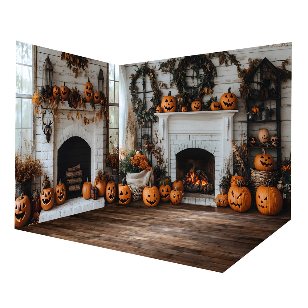 Autumn Curved Pumpkin White Fireplace Backdrop Room Set UK RR8-659