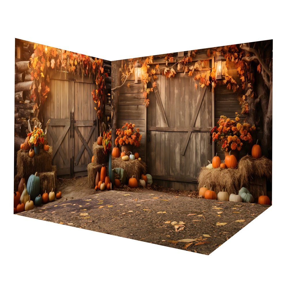 Autumn Wood Barn Door Haystack Leaves Backdrop Room Set UK RR8-662