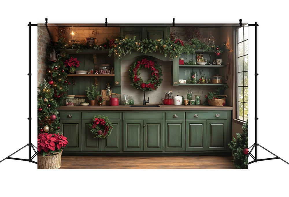 Christmas Green Kitchen Photography Backdrop UK RR8-73