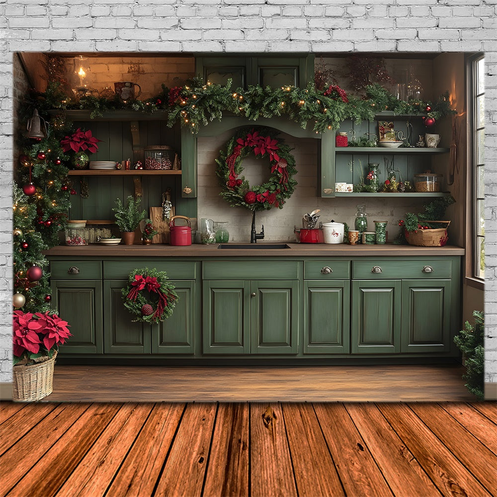 Christmas Green Kitchen Photography Backdrop UK RR8-73