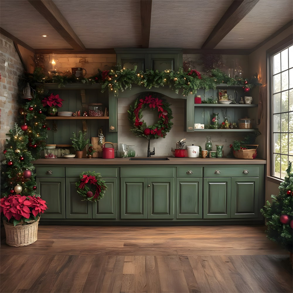 Christmas Green Kitchen Photography Backdrop UK RR8-73