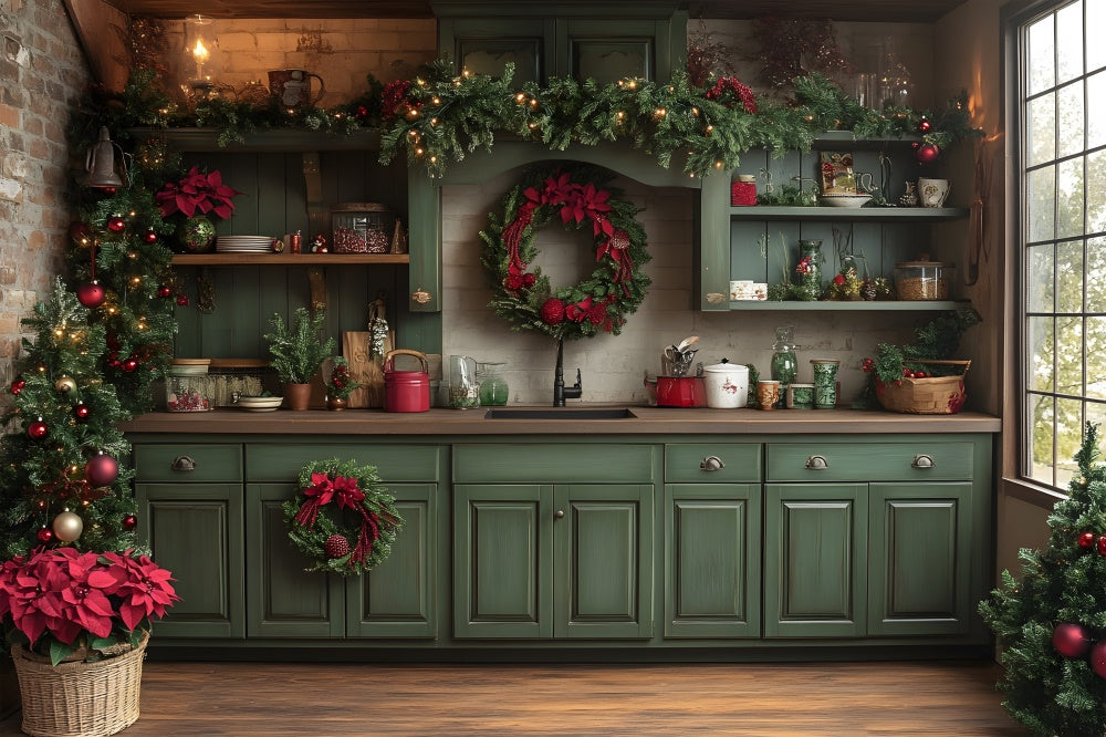 Christmas Green Kitchen Photography Backdrop UK RR8-73