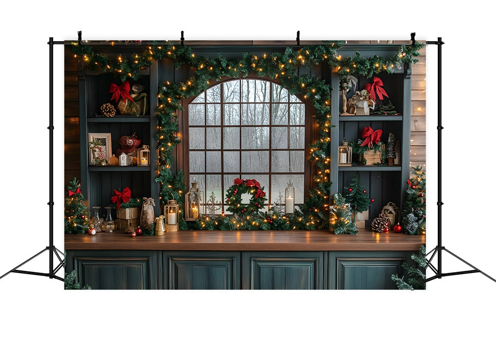 Christmas Kitchen Window String Lights Backdrop UK RR8-75