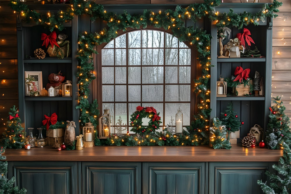 Christmas Kitchen Window String Lights Backdrop UK RR8-75