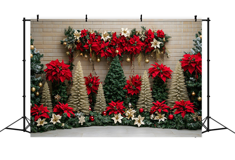 Christmas Trees Poinsettia Flowers Backdrop UK RR8-77