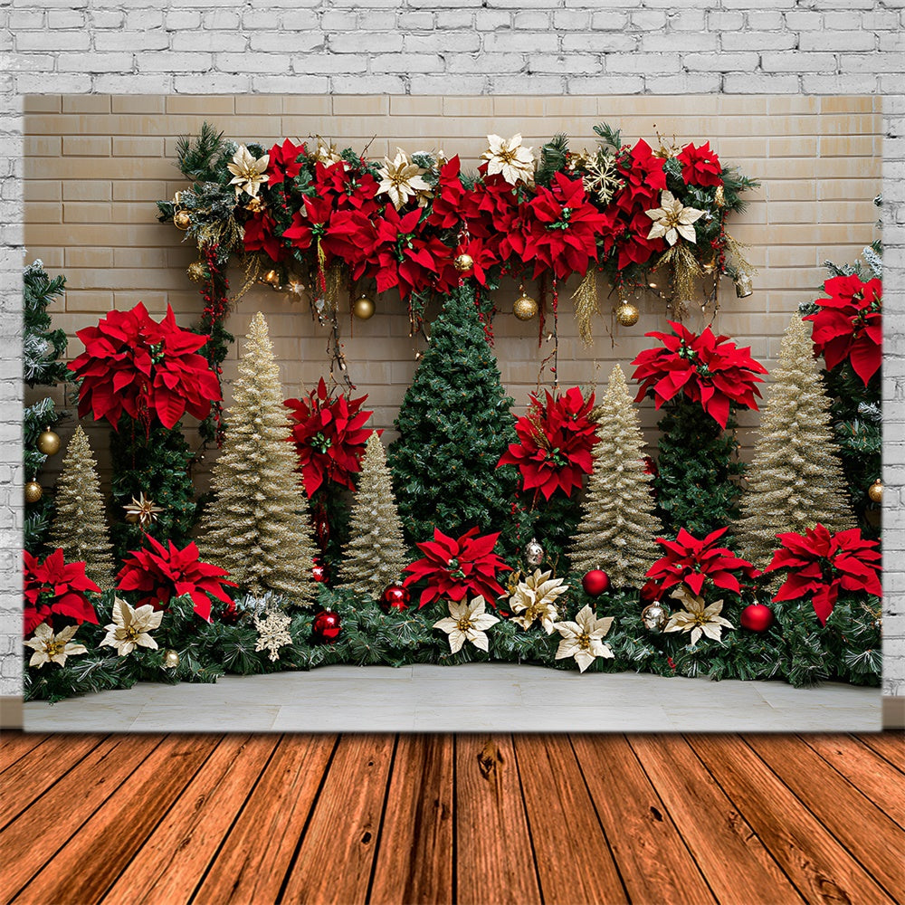 Christmas Trees Poinsettia Flowers Backdrop UK RR8-77