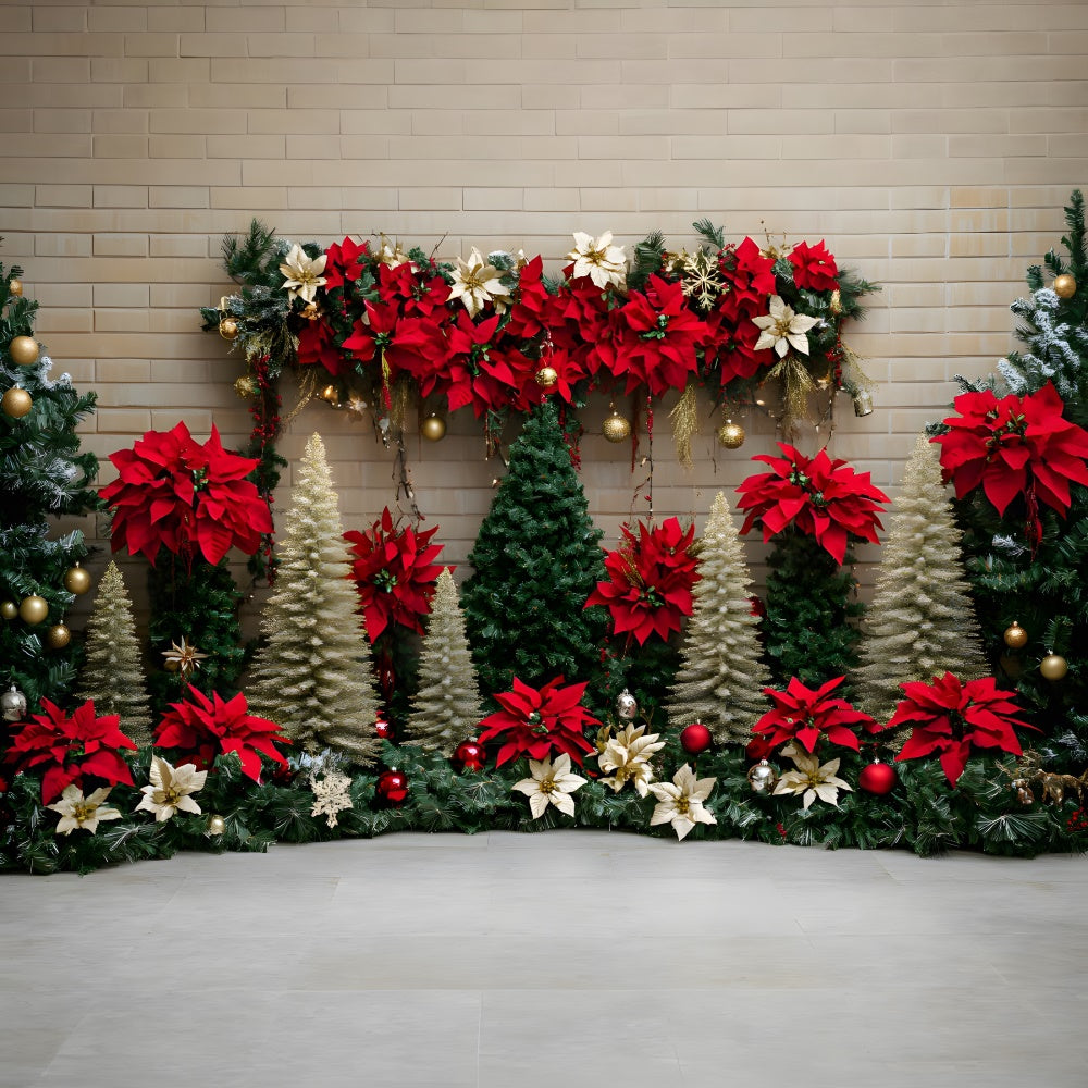 Christmas Trees Poinsettia Flowers Backdrop UK RR8-77