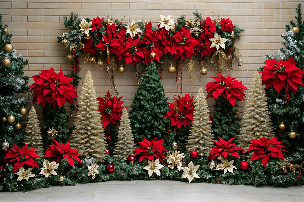 Christmas Trees Poinsettia Flowers Backdrop UK RR8-77