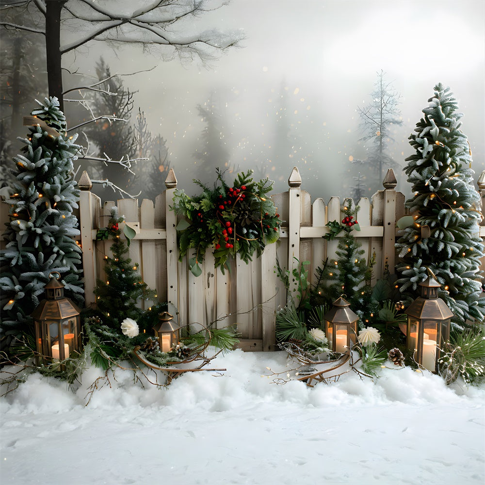 Winter Snow Christmas Trees Fence Backdrop UK RR8-8