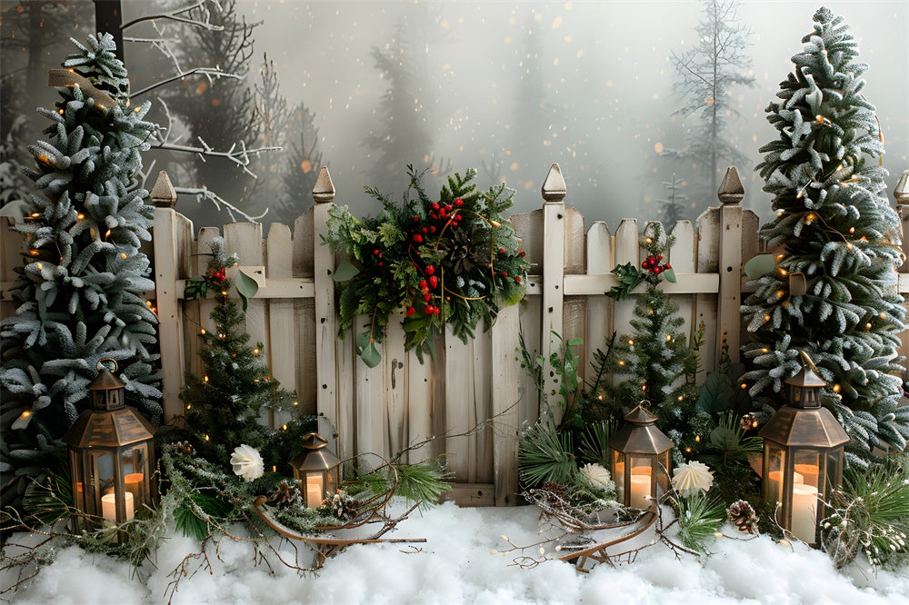 Winter Snow Christmas Trees Fence Backdrop UK RR8-8