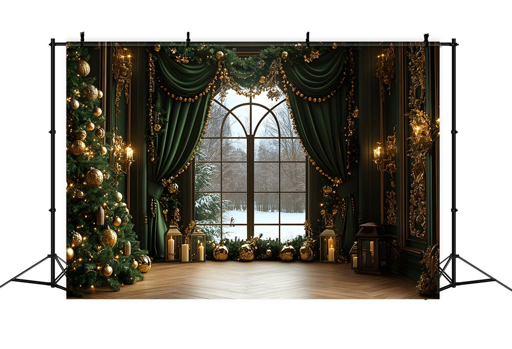 Christmas Window View Green Curtain Backdrop UK RR8-86