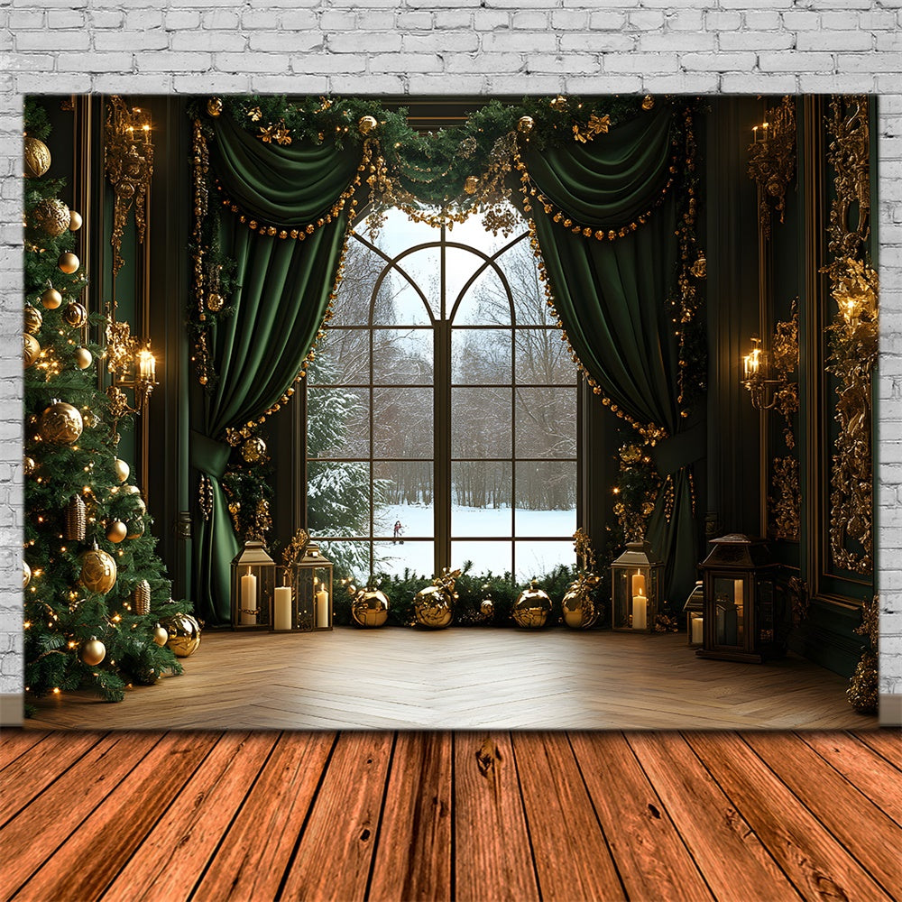 Christmas Window View Green Curtain Backdrop UK RR8-86