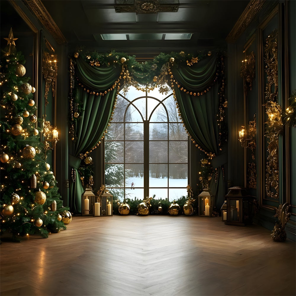 Christmas Window View Green Curtain Backdrop UK RR8-86