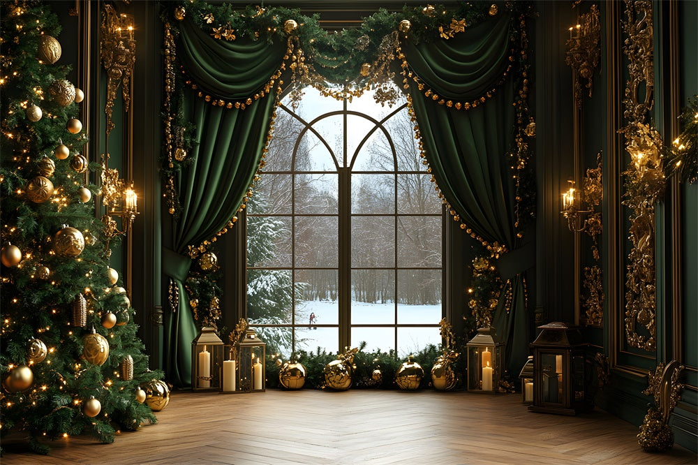 Christmas Window View Green Curtain Backdrop UK RR8-86