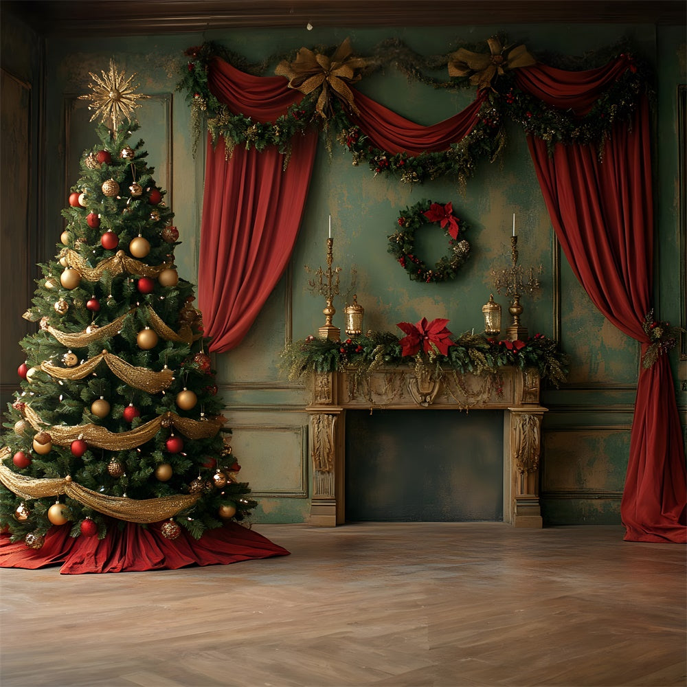 Christmas Tree Vintage Wall Curtain Backdrop UK RR8-92