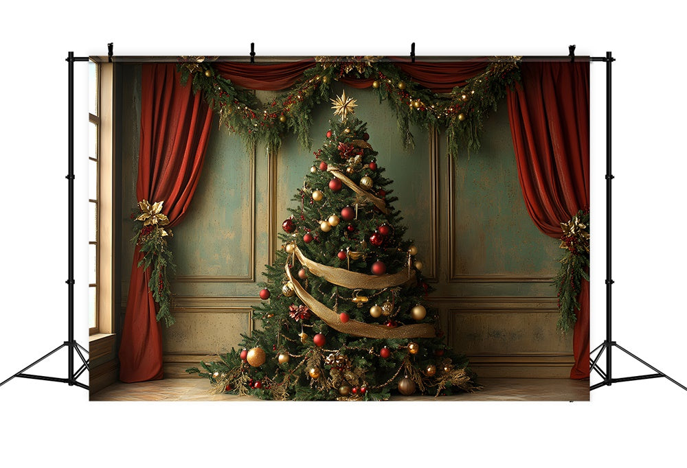 Christmas Tree Red Curtain Garland Backdrop UK RR8-93