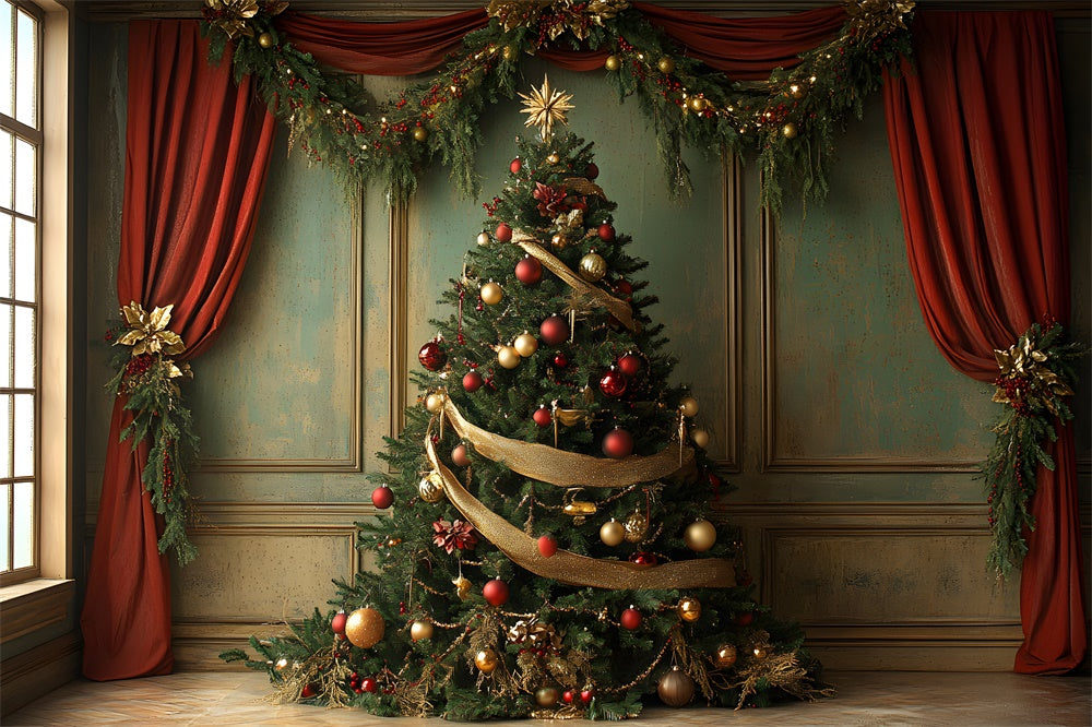 Christmas Tree Red Curtain Garland Backdrop UK RR8-93